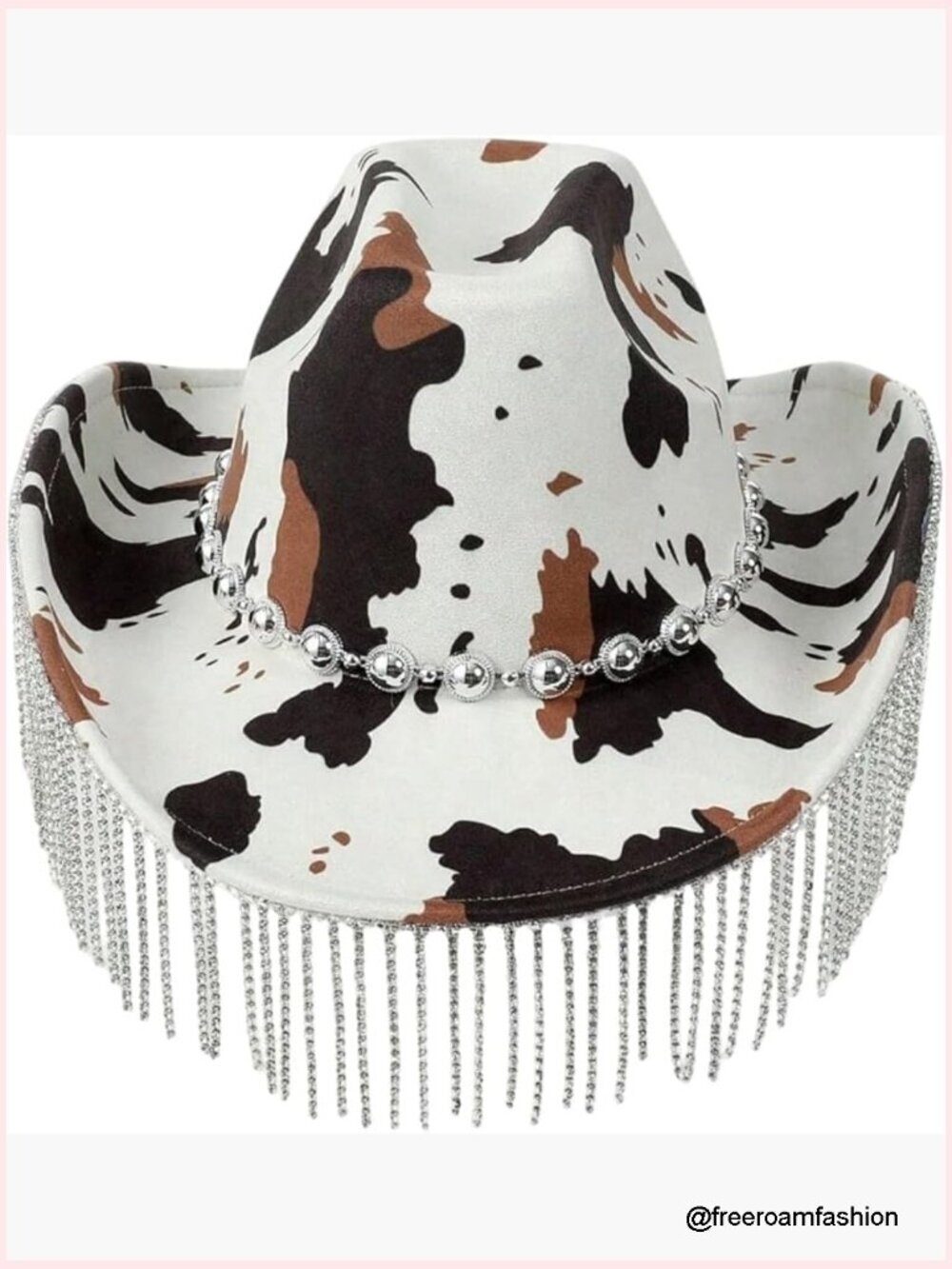 Cow Print Wide Brim Fringe Beaded Western Cowgirl Hat Y2K Festival